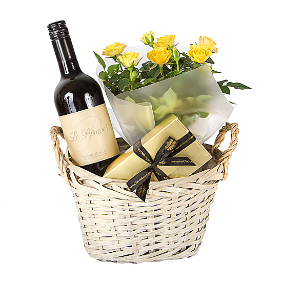 Red Wine Gift Basket Yellow Roses - delivered next day