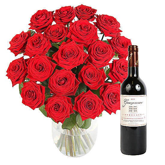 20 Luxury Red Roses with Red Wine